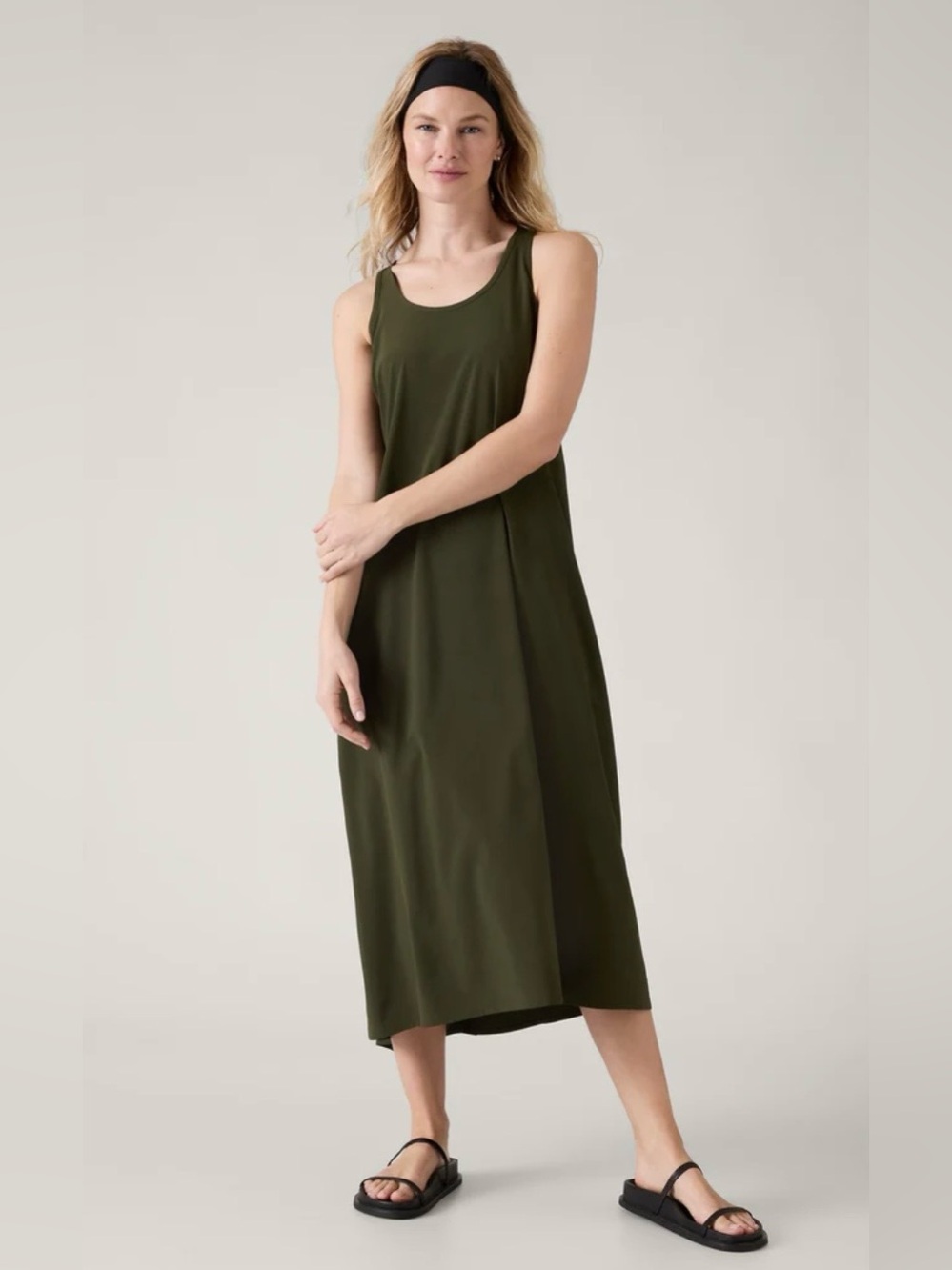 Athleta Presidio Traveler Maxi Olive Tank  Dress Lightweight Pockets